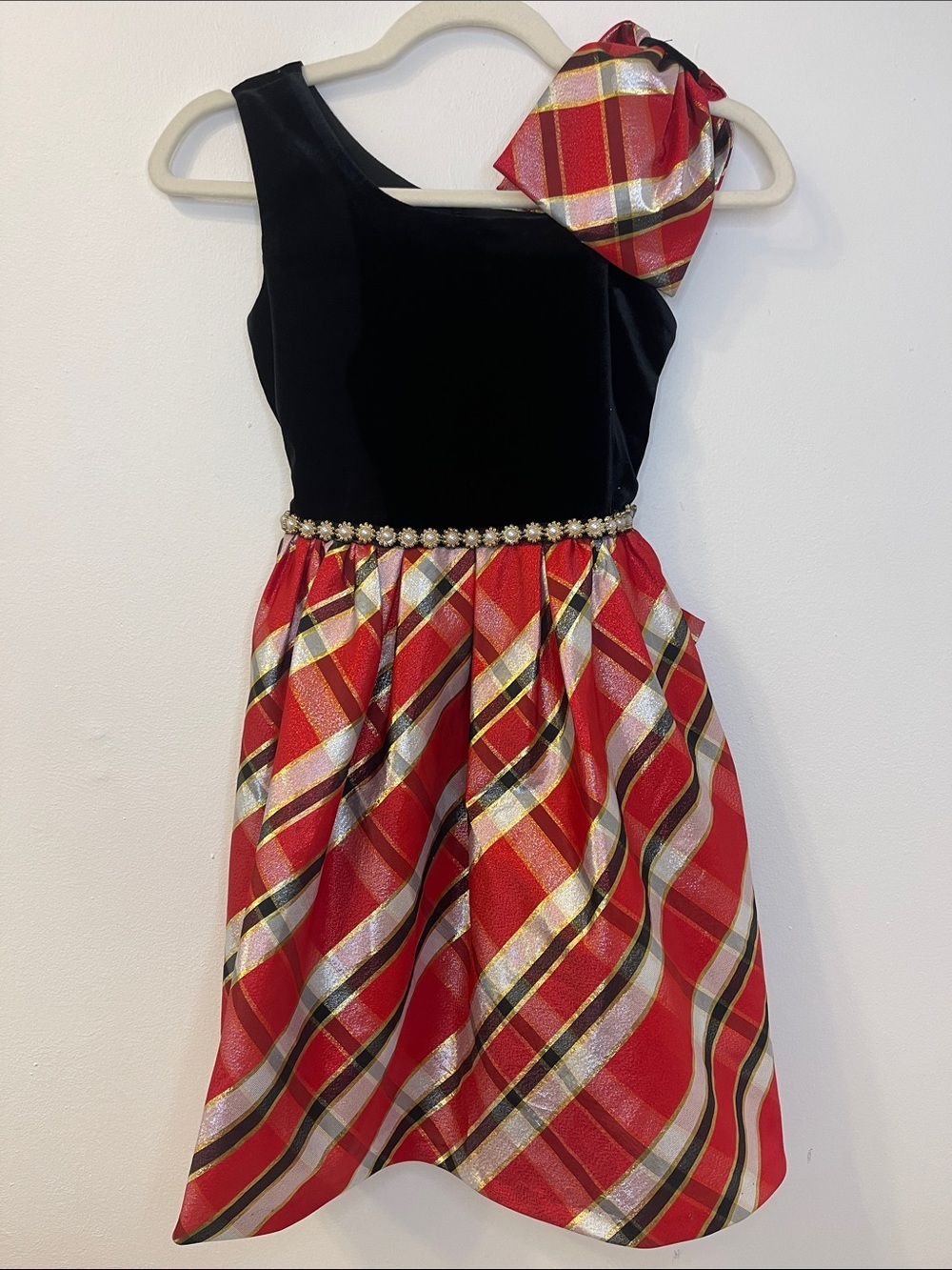 Bonnie Jean Black Velvet & Red Plaid Holiday Dress Size 12